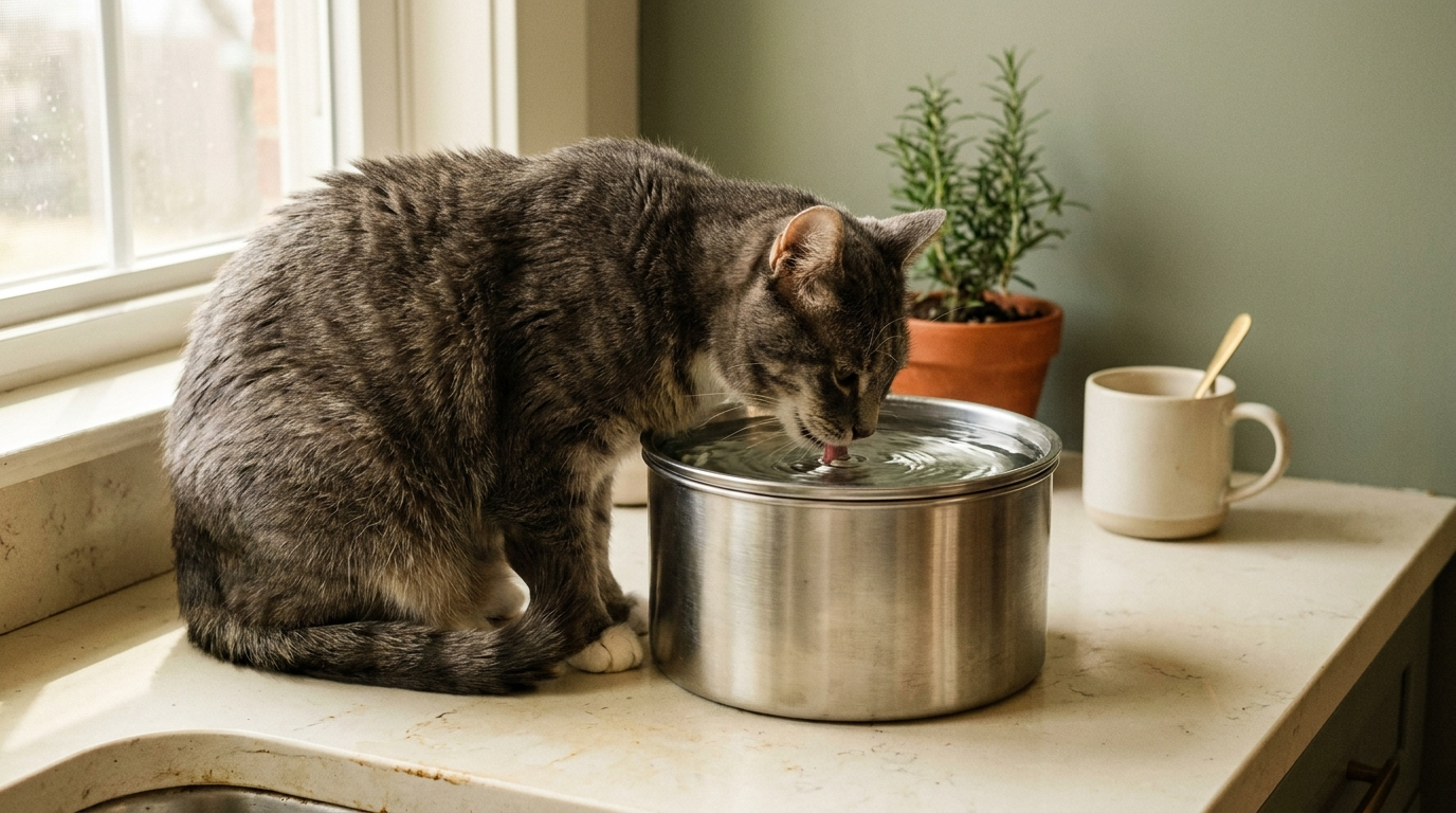 Mavorae hero lifestyle: senior cat drinking from stainless fountain on warm kitchen counter, morning light